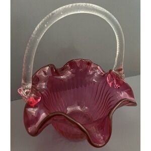 Cranberry Pink Glass Large Bowl Applied Clear Handle Ribbed Ruffle Edge Vintage